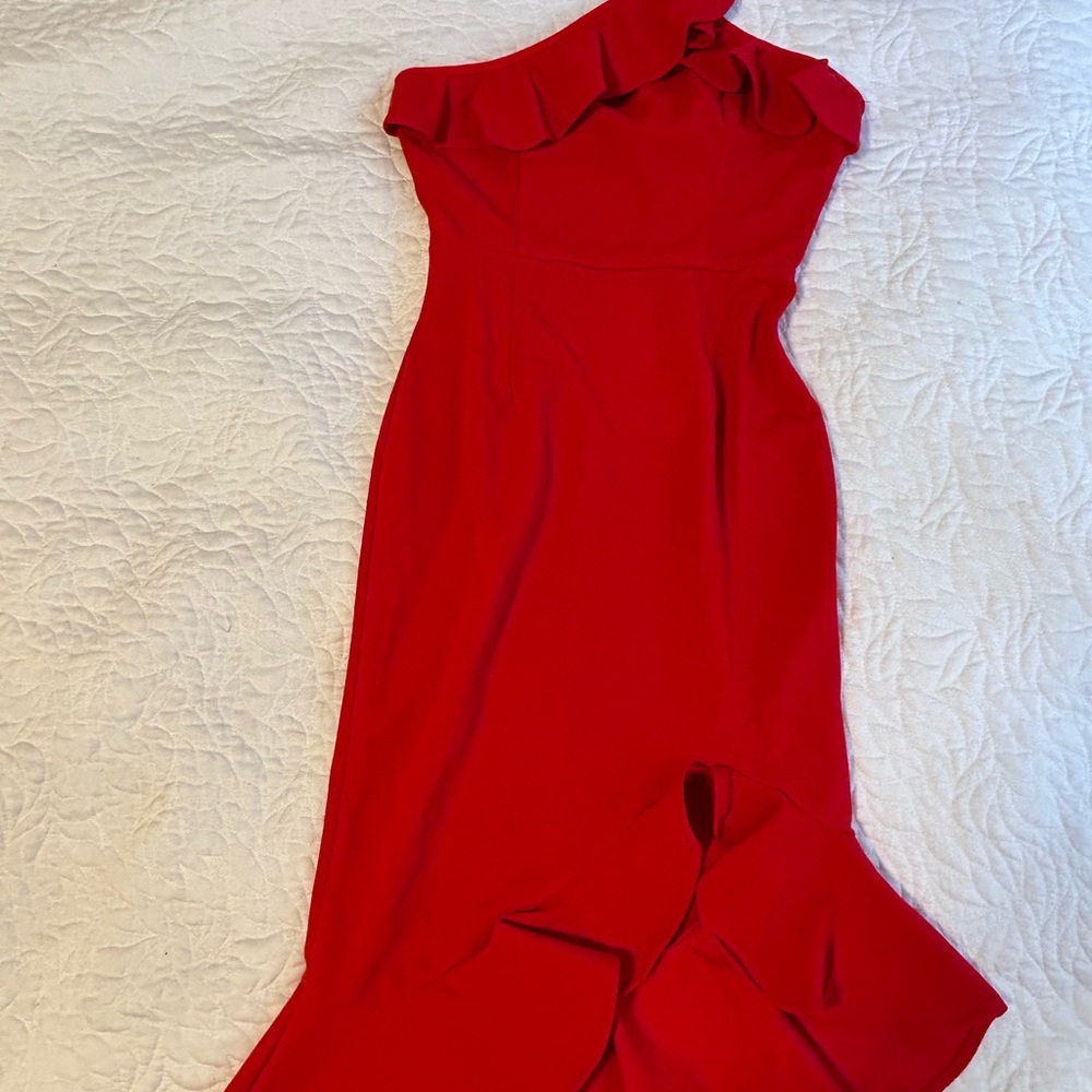 Red frilly one shoulder dress with front slit size XS